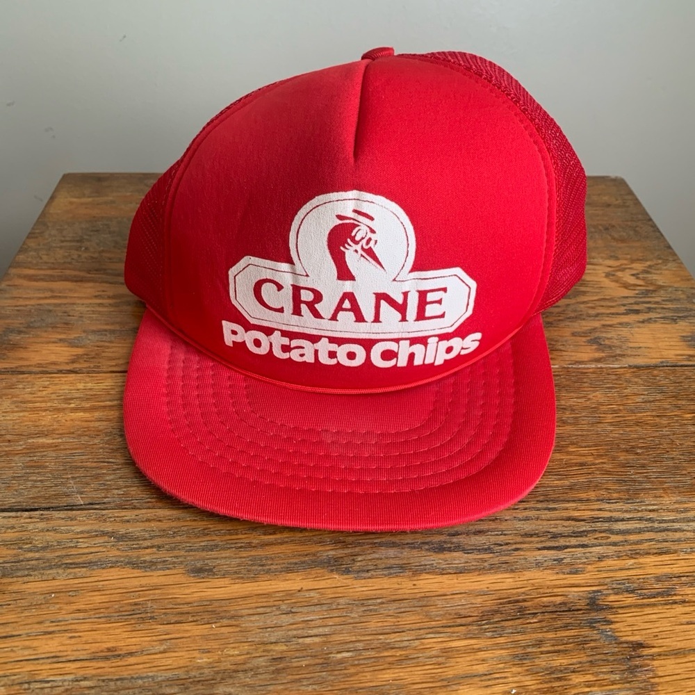 Vtg. Crane Potato Chips Red rope front  Snapback Hat. Trucker hat
